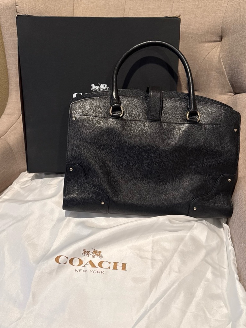 COACH Black Leather Tote with Gold Hardware - Picture 3 of 7